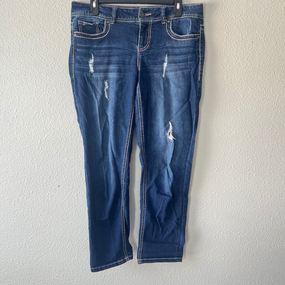 Maurices Jeans Distressed Dark Wash Blue Womens 7/8